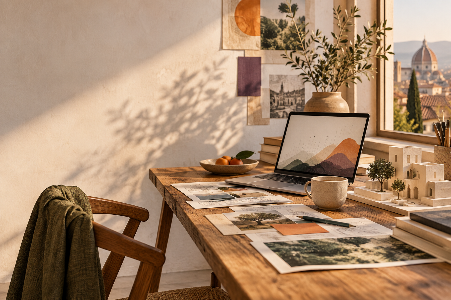Warm creative studio with an abstract AI workspace