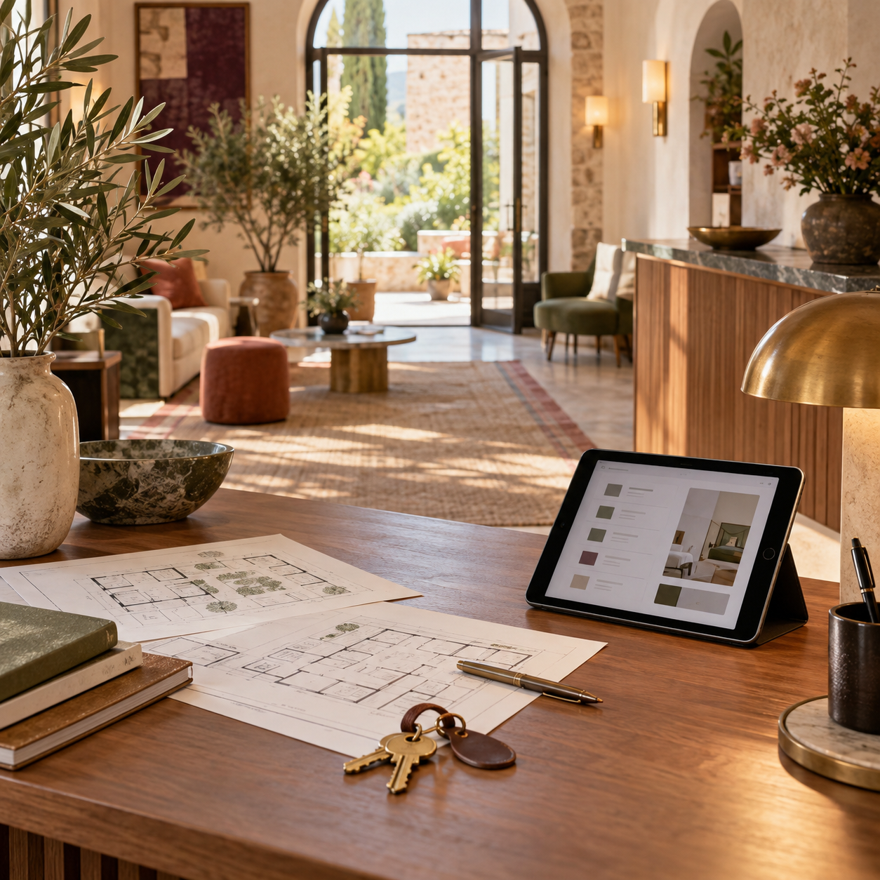 Warm property workspace with floor plans and an AI tablet